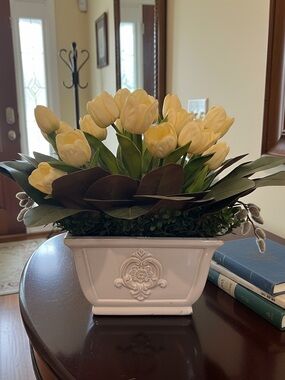 Faux Yellow Tulip Arrangement in White Decorative Planter